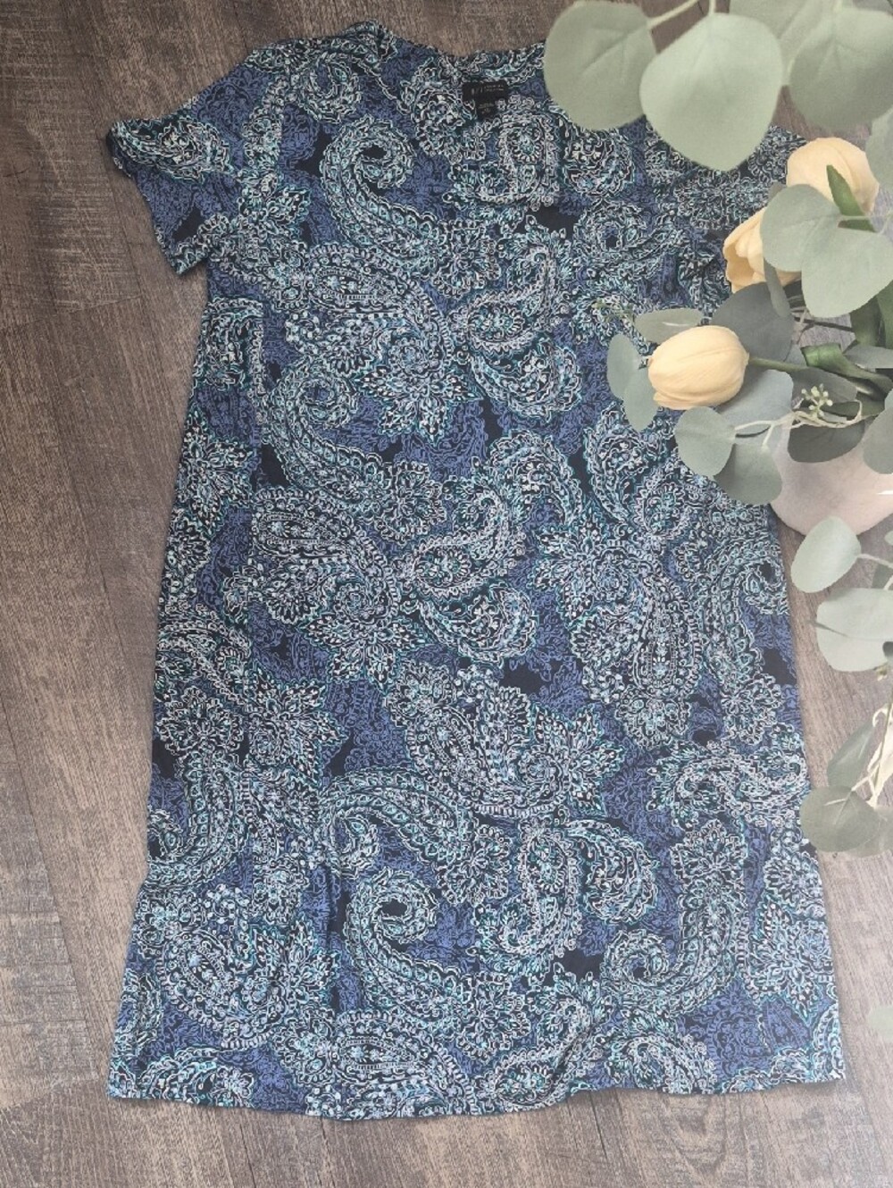 J. Jill Navy Paisley Midi Dress with Teal & Cream Accents